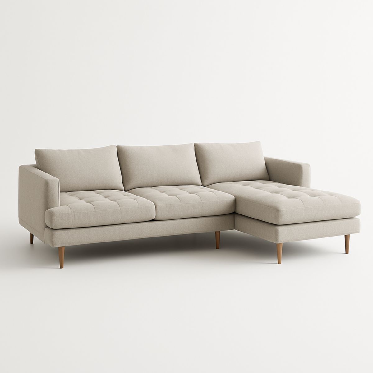 Canapé d'angle en tissu beige avec pieds en bois