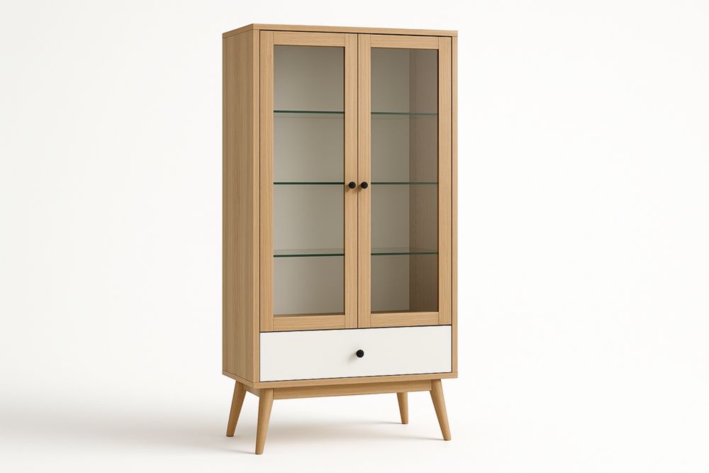 Vitrine chêne avec étagères en verre et tiroir blanc