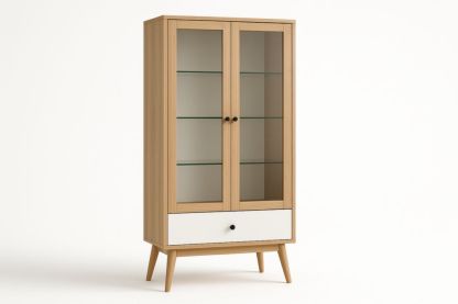 Vitrine chêne avec étagères en verre et tiroir blanc