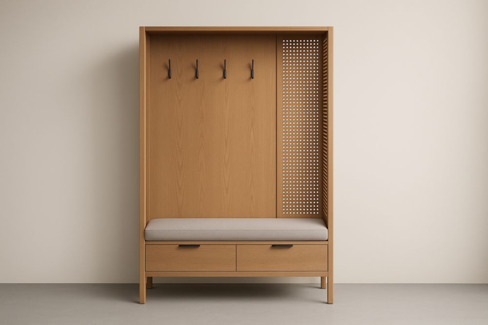 Appendiabiti in legno con panca e ganci in metallo