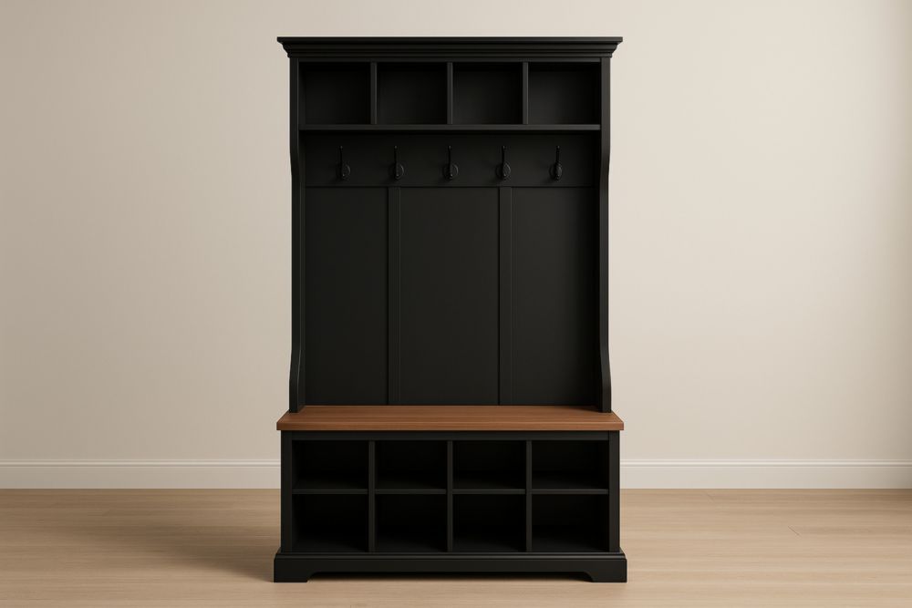 Panca Appendiabiti in Legno Nero e Marrone con Ganci e Ripiani