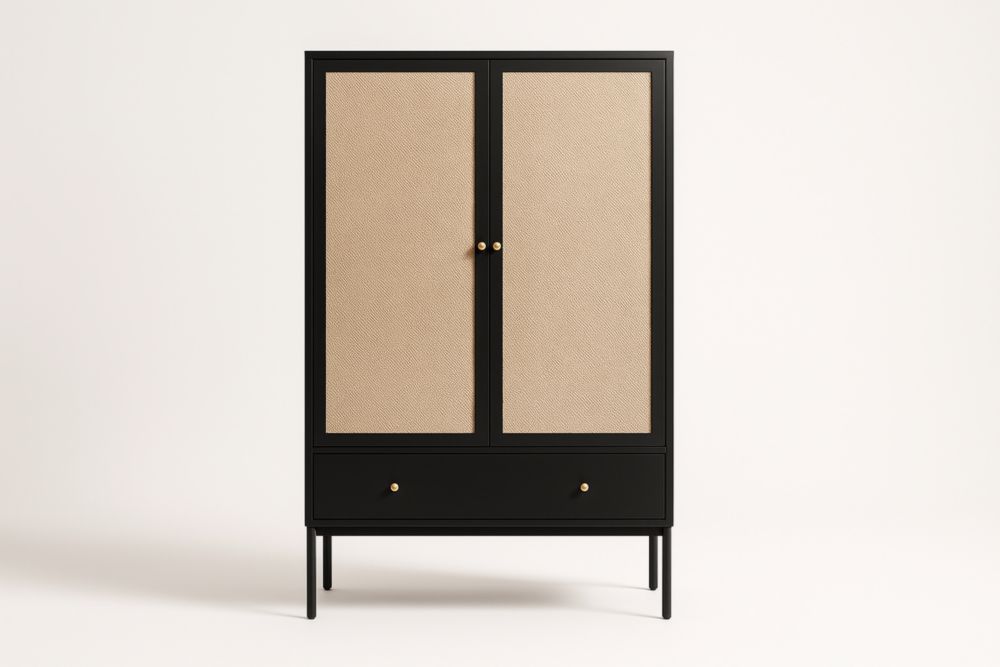 Armadio in Legno MDF e Tessuto Nero e Naturale con Due Ante e Cassetto