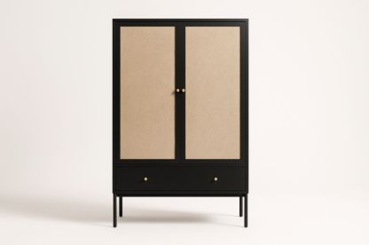 Armadio in Legno MDF e Tessuto Nero e Naturale con Due Ante e Cassetto