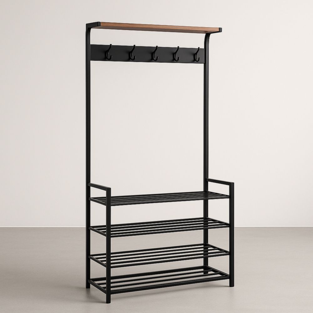 Appendiabiti in Metallo Nero con Ripiani e Ganci in Legno