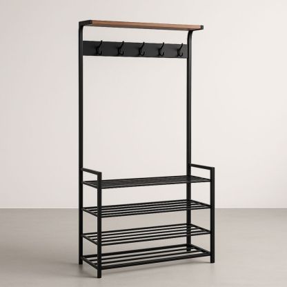 Appendiabiti in Metallo Nero con Ripiani e Ganci in Legno