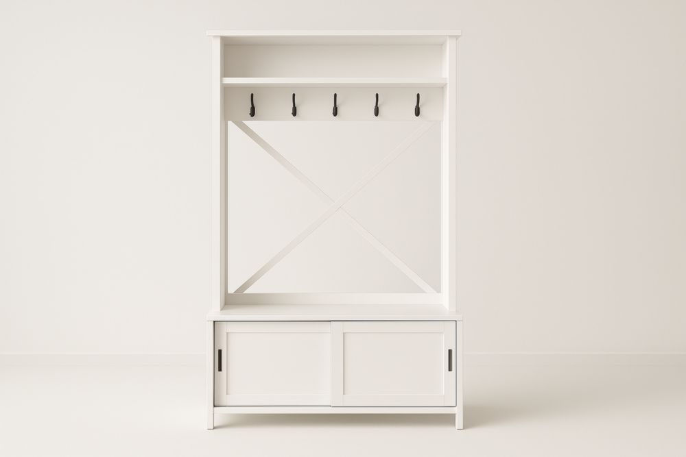 Mobile guardaroba in MDF bianco con ganci e panca con ante scorrevoli