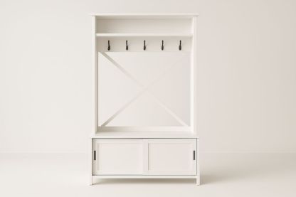 Mobile guardaroba in MDF bianco con ganci e panca con ante scorrevoli