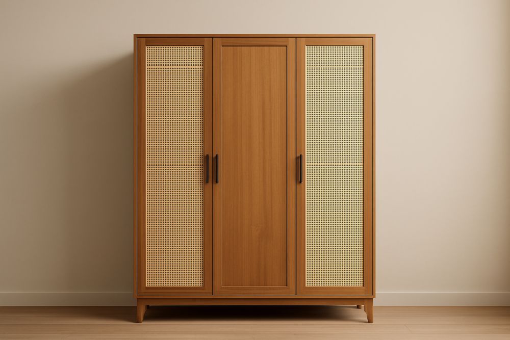 Armadio a Tre Ante in Legno e Rattan 200x160x60 cm