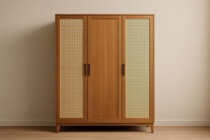 Armadio a Tre Ante in Legno e Rattan 200x160x60 cm