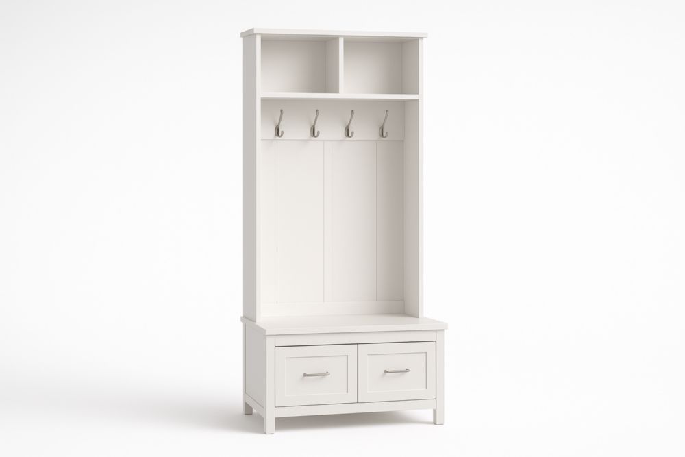 Appendiabiti in Legno Bianco con Cassetti e Ripiani