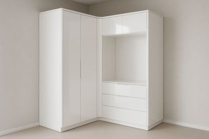 Armadio Angolare in MDF Bianco con Ante e Cassetti