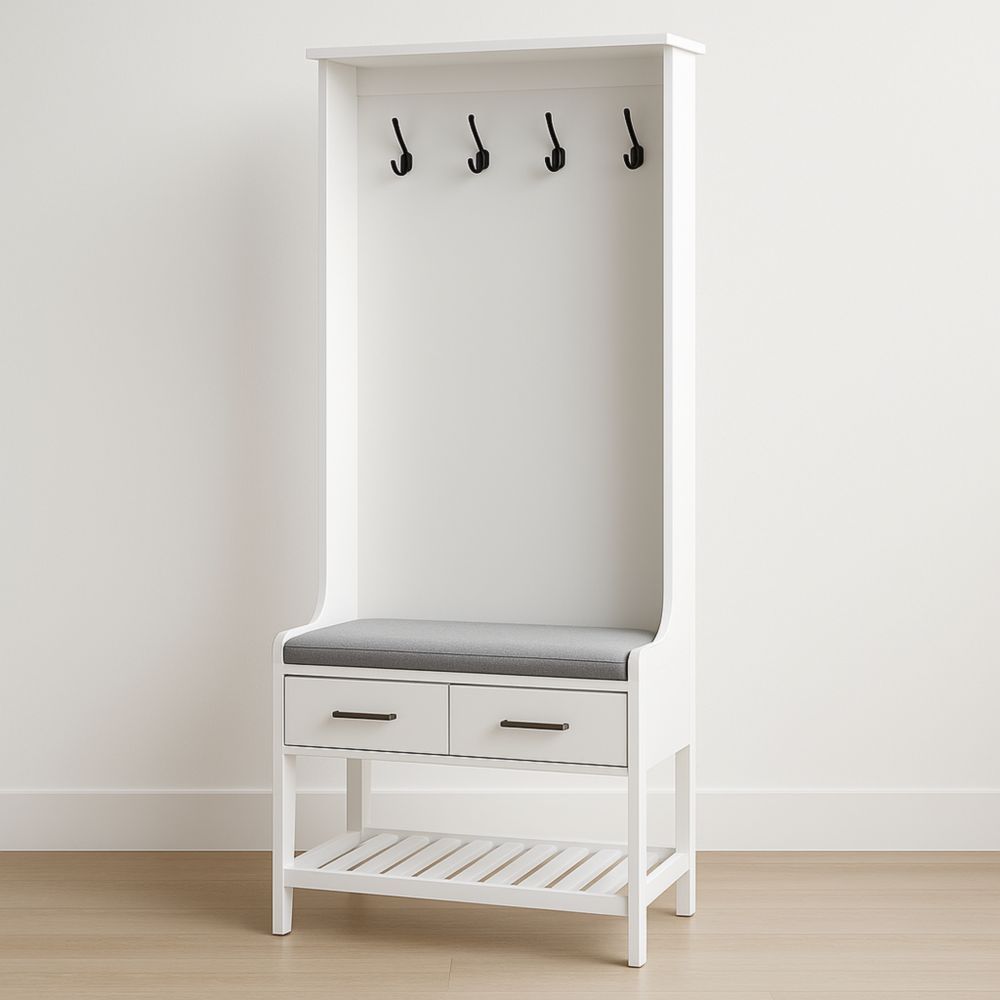 Attaccapanni da ingresso in legno bianco con cuscino grigio