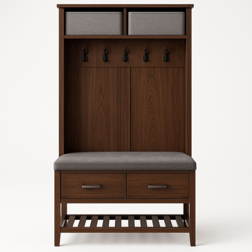 Appendino Ingresso in Legno di Noce con Cuscino Grigio e Cassetti