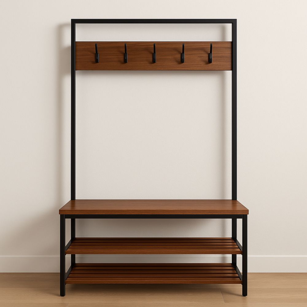 Appendiabiti Ingresso in Legno e Metallo Nero con 5 Ganci e Scaffali