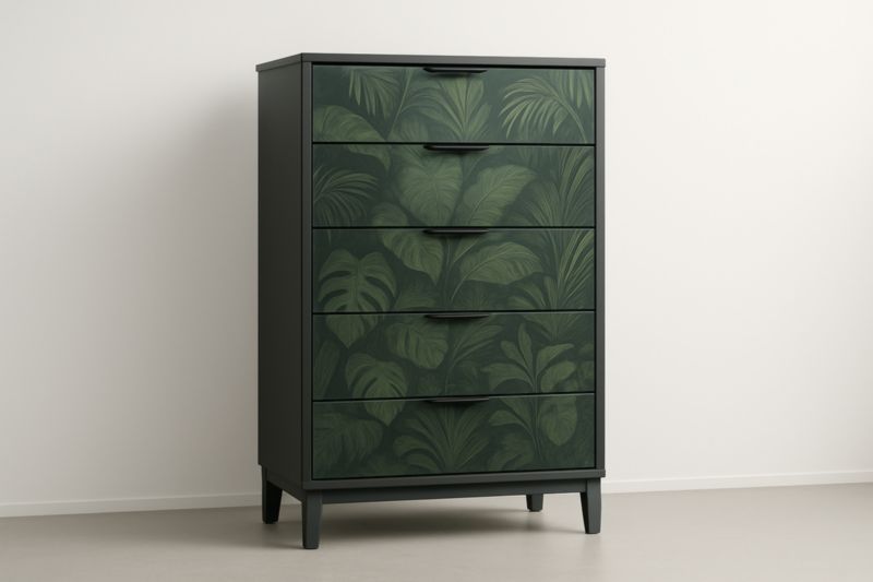 Cassettiera in Legno MDF Verde con Motivo Foglie 5 Cassetti