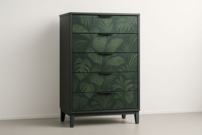 Cassettiera in Legno MDF Verde con Motivo Foglie 5 Cassetti