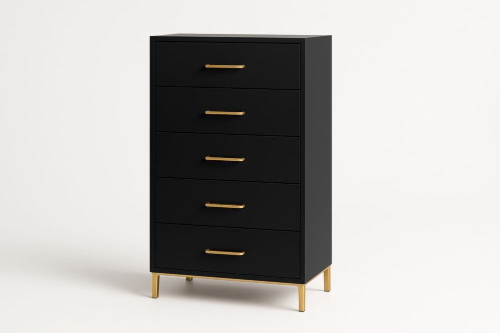 Cassettiera in MDF nera a 5 cassetti con maniglie dorate