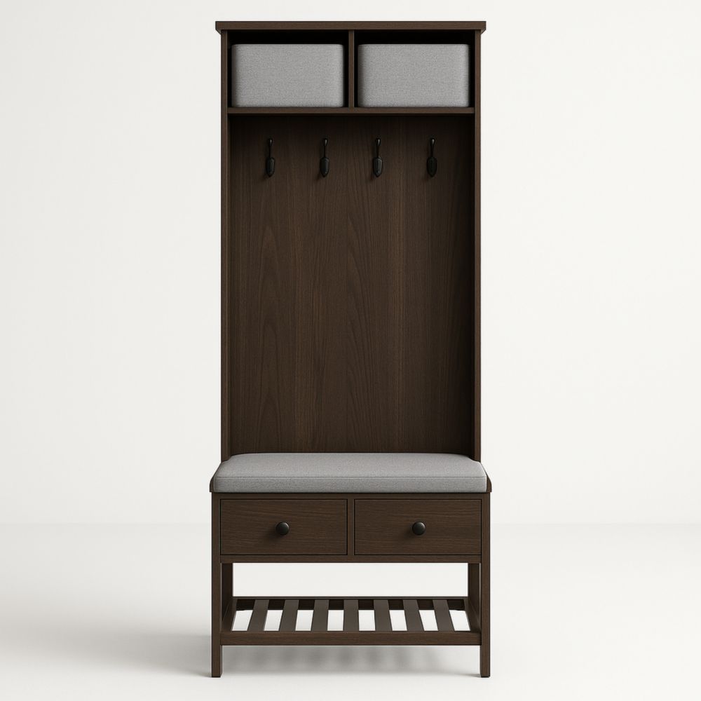 Attaccapanni da ingresso in legno con seduta grigia e ganci