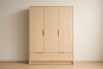 Armadio in Legno MDF Naturale con 3 Ante e 2 Cassetti