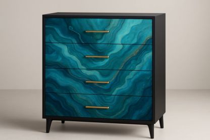 Cassettiera 4 cassetti MDF nero e blu con motivo ondulato