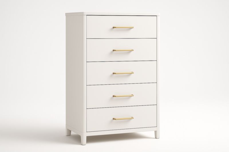 Cassettiera Alta a 5 Cassetti in MDF Bianco con Maniglie in Acciaio Dorato