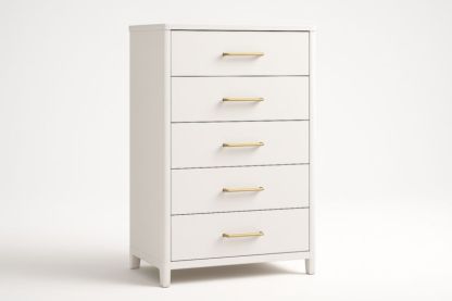 Cassettiera Alta a 5 Cassetti in MDF Bianco con Maniglie in Acciaio Dorato