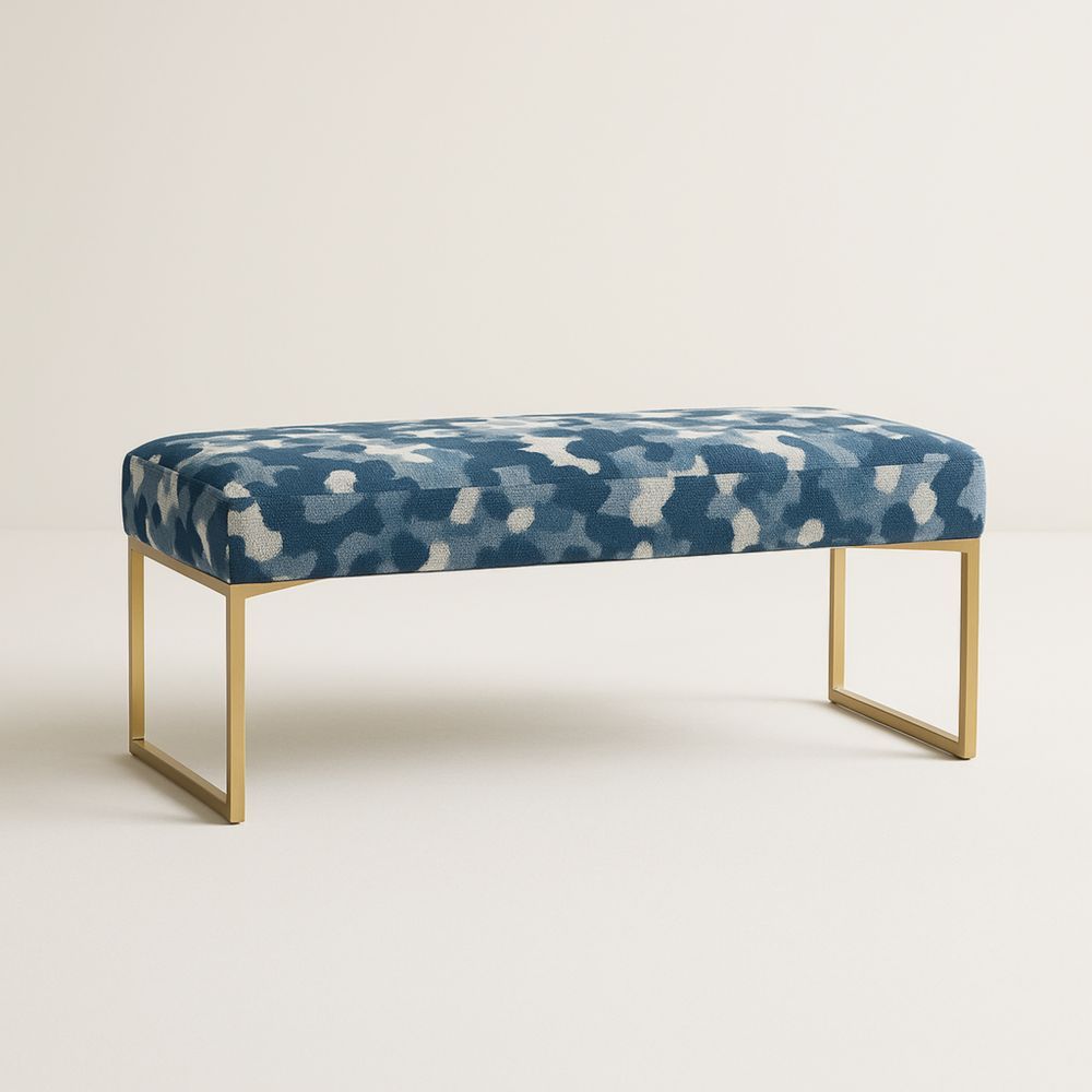 Panca in metallo dorato e tessuto blu 120x45x45 cm