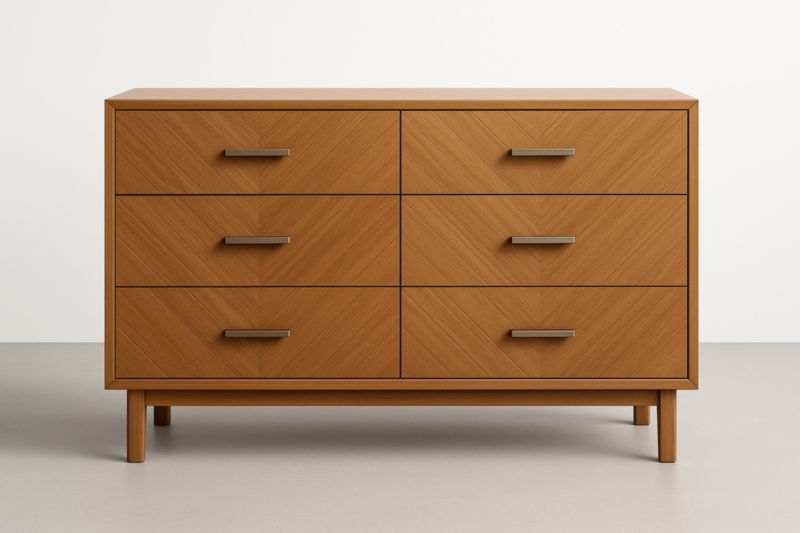 Cassettiera in legno massello marrone con 6 cassetti e maniglie in acciaio