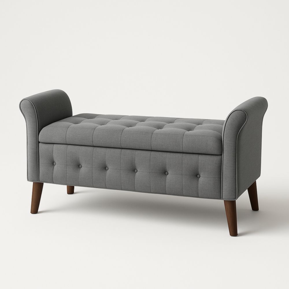 Panca grigia in tessuto con gambe in legno