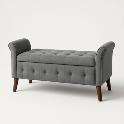 Panca grigia in tessuto con gambe in legno