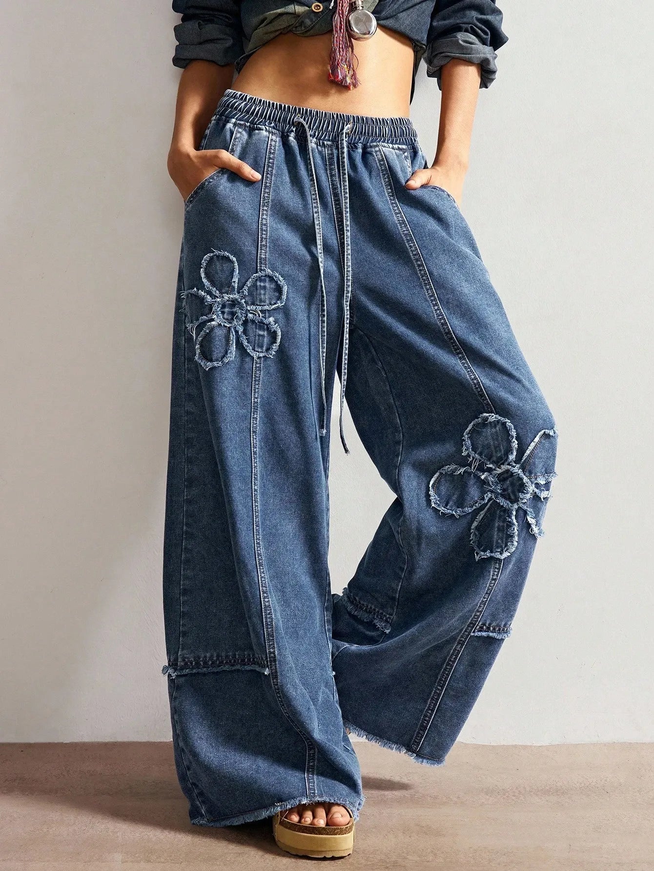 Women's Hippie Flower Elastic Wide-Leg Pants