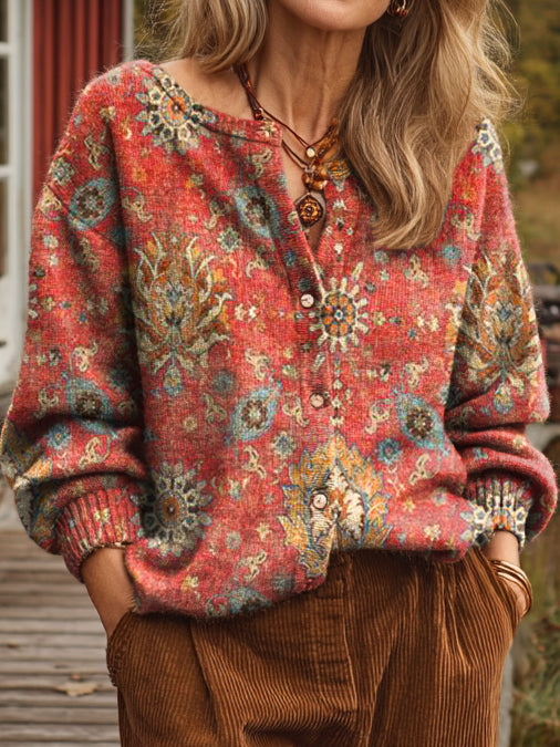 Ladies Vintage Ethnic Red Flower Art Prints Casual Button Knit Cardigan Jacket