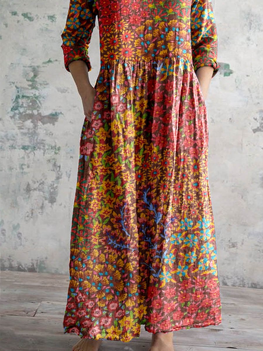 Women's Elegant Ethnic Geometric Floral Pattern Cotton Dress