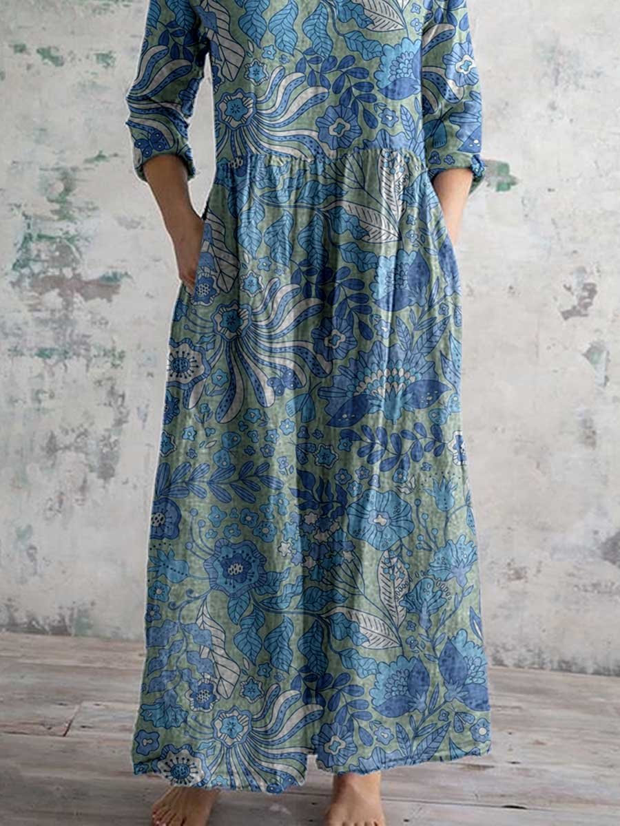 Women's V-neck Elegant Poppy Floral Print Cotton Dress