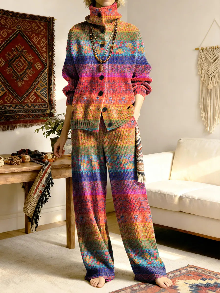 Vintage National Flower Stripes Women's Long Sleeve Top And Pants Sweater Suit
