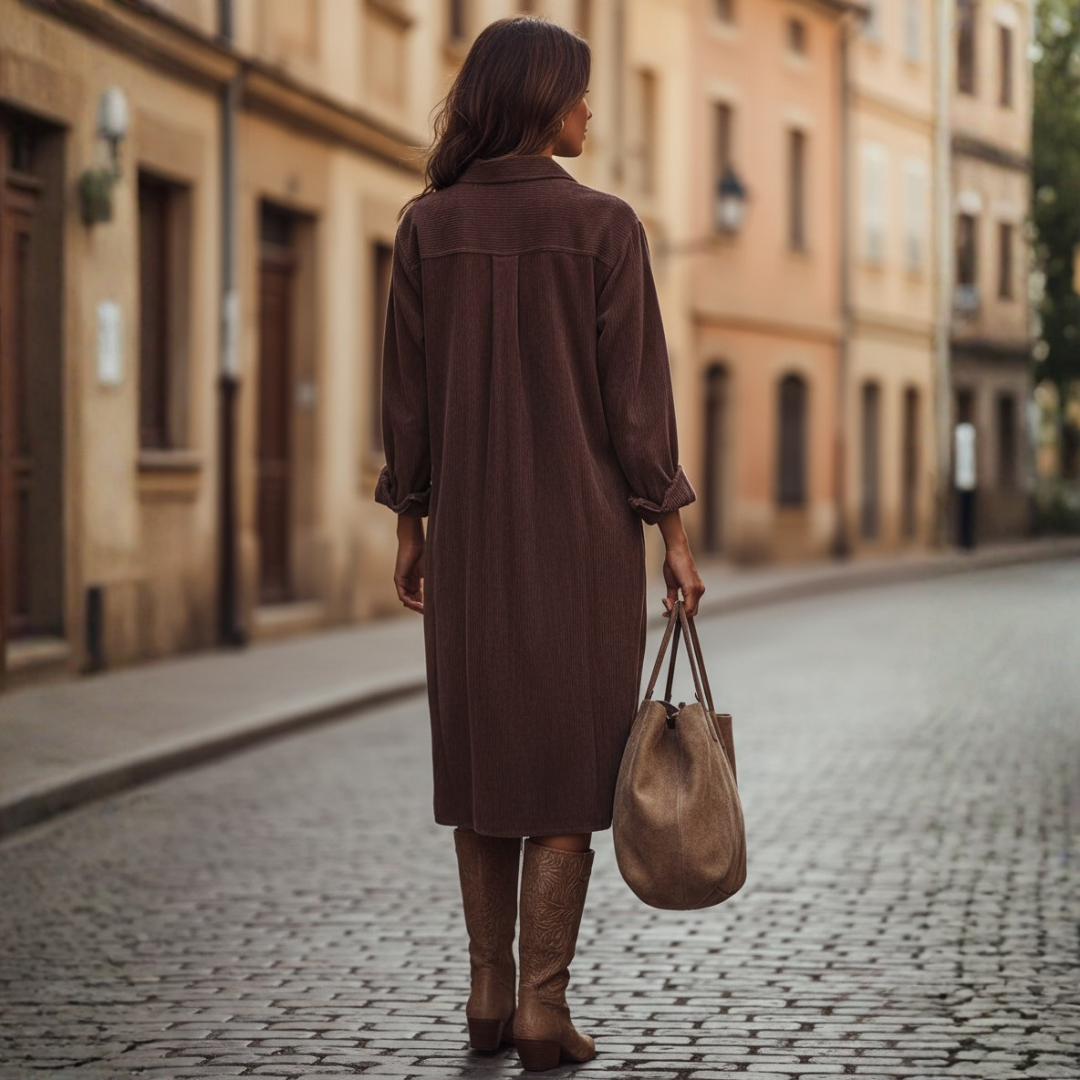 Women Corduroy Button Down Midi Shirt Dress