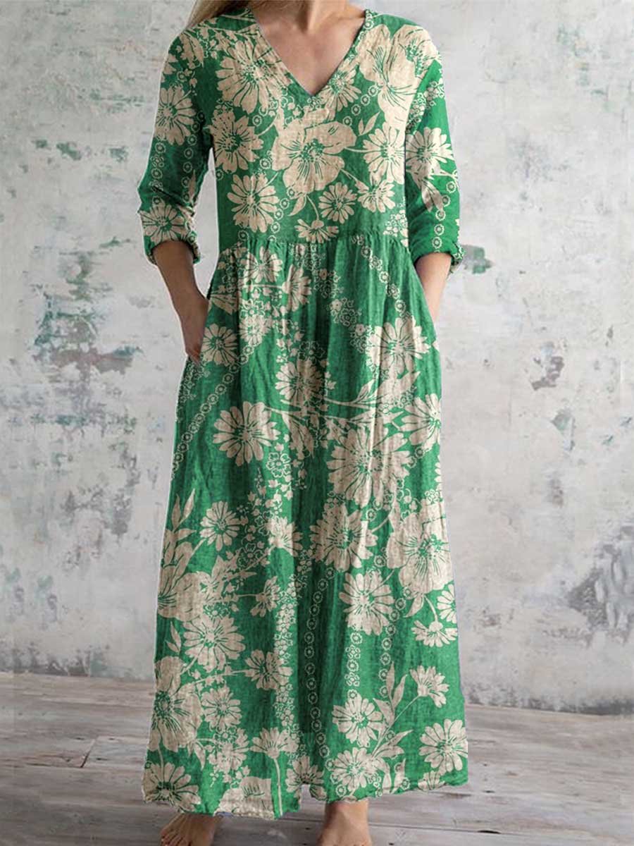Women's V-neck Elegant Poppy Floral Print Cotton Dress