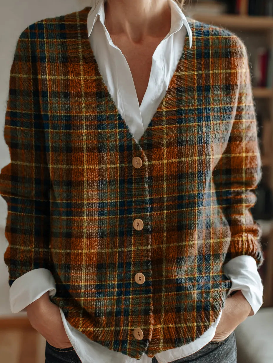 Women's Retro Plaid Art Print V-Neck Button-Up Knit Cardigan