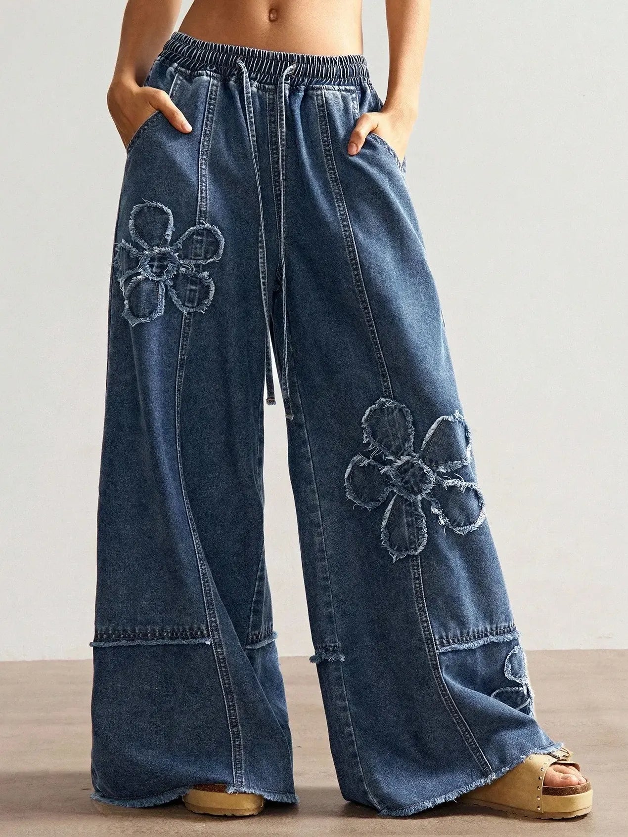 Women's Hippie Flower Elastic Wide-Leg Pants