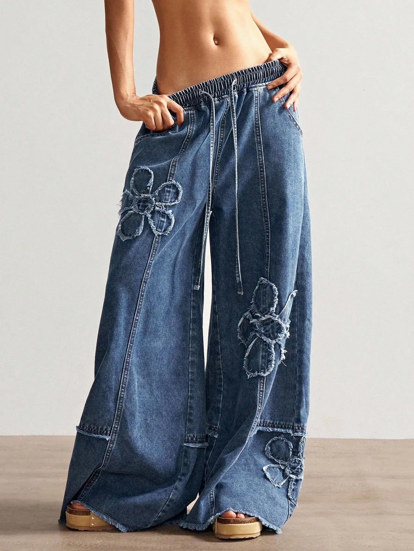 Women's Hippie Flower Elastic Wide-Leg Pants