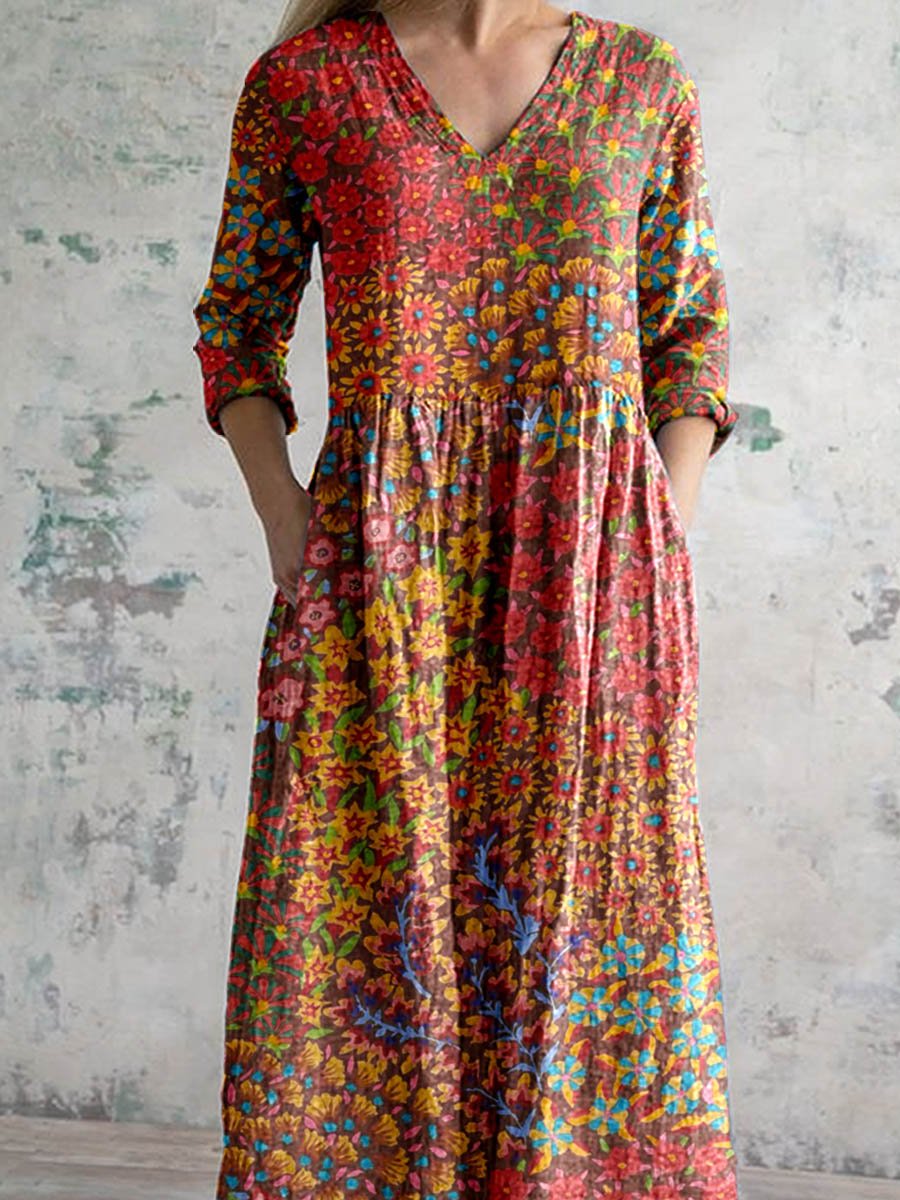 Women's Elegant Ethnic Geometric Floral Pattern Cotton Dress