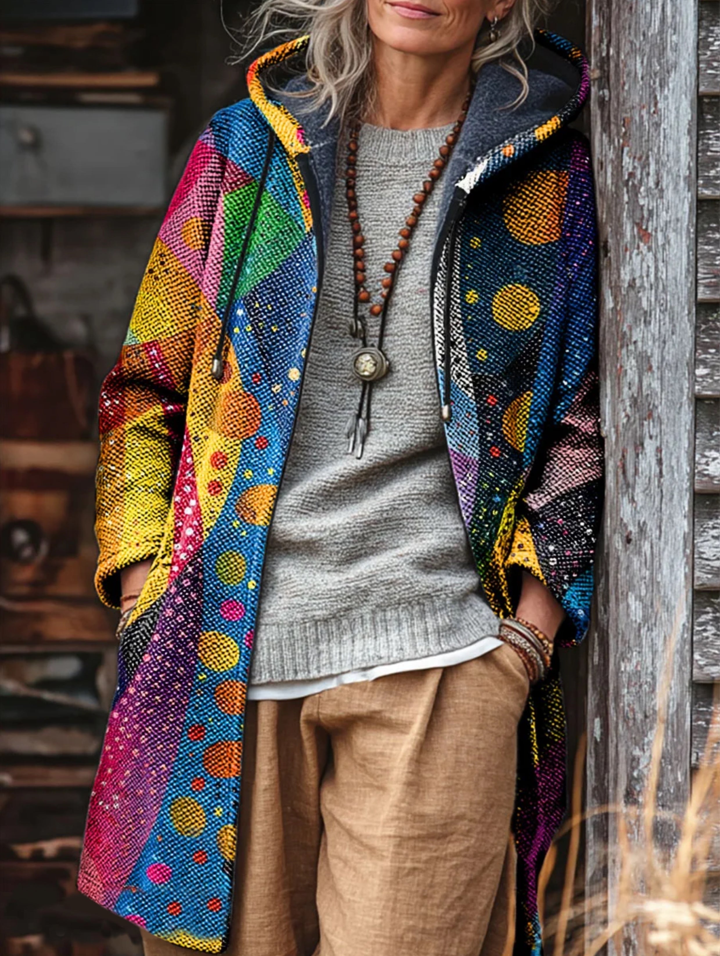 Unisex Colorful Irregular Wrinkle Pattern Art Print Fleece-Lined Thickened Long-Sleeve Knit Cardigan Jacket