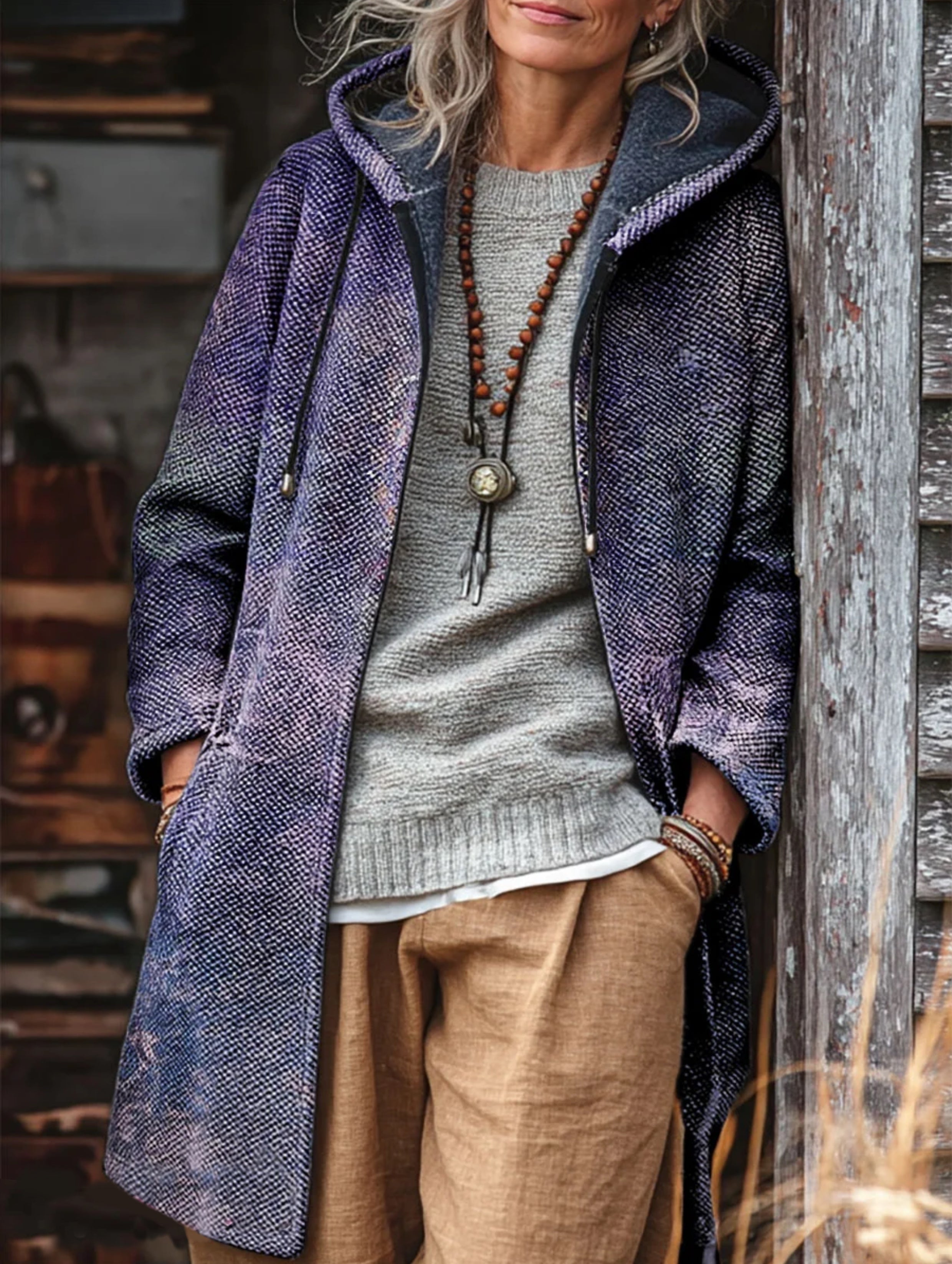 Unisex Vintage Ethnic Pattern Art Print Fleece-Lined Thickened Long-Sleeve Knit Cardigan Jacket