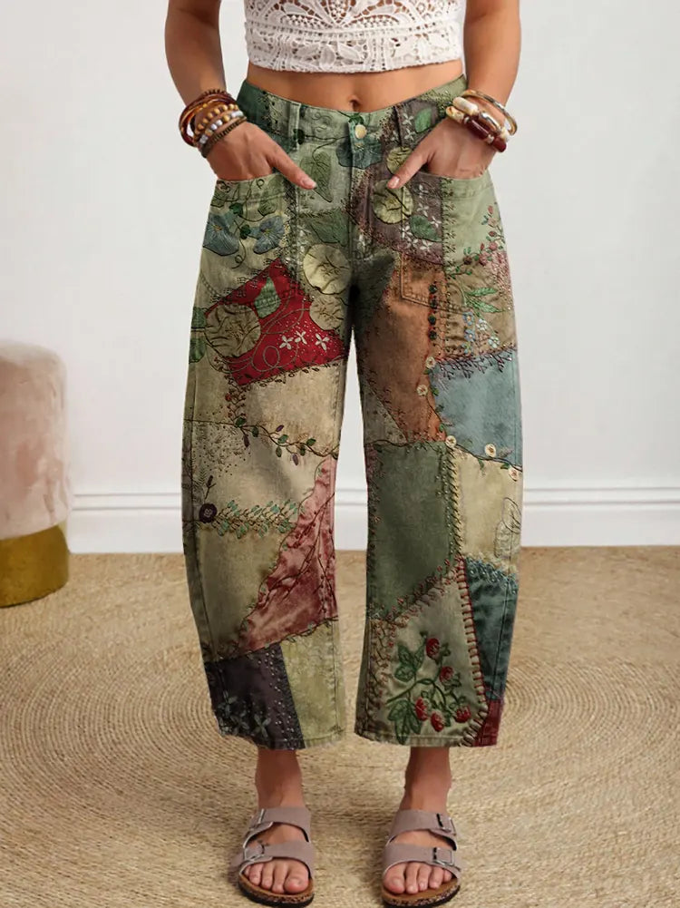 Women's Retro Color Block Art Print Casual Pocket Cotton Pants