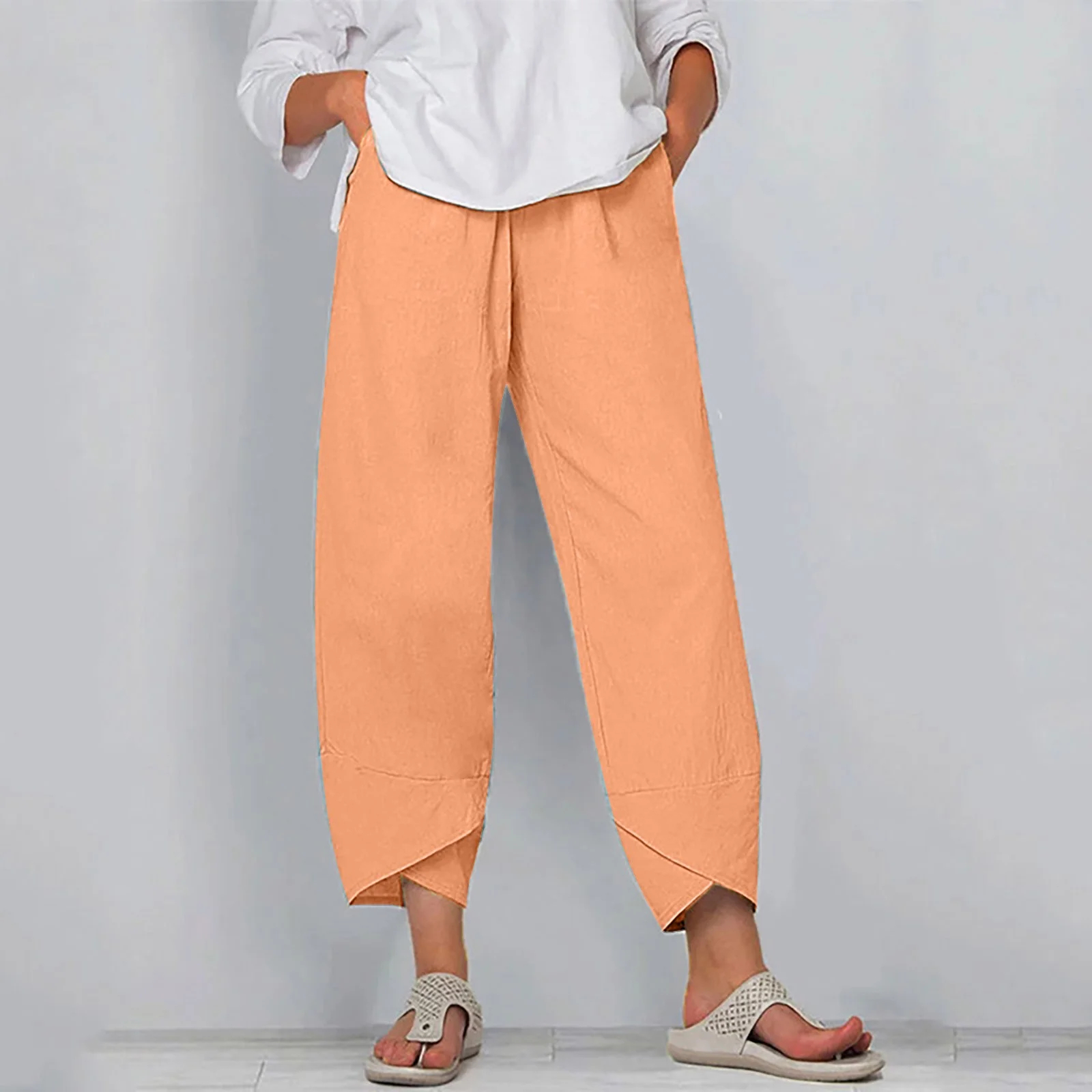 Women's Solid Color Loose Elegant Casual Simple Cotton And Linen Ninth Pants