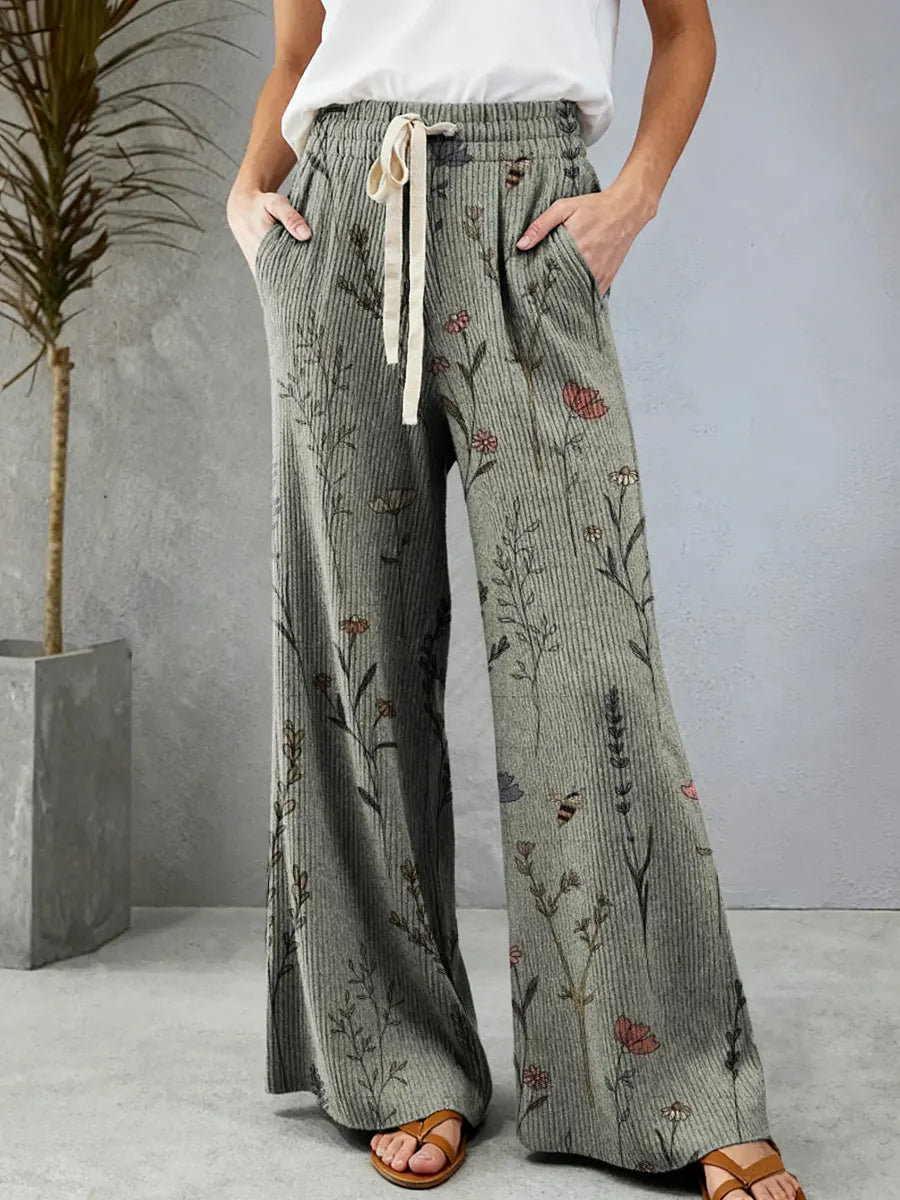 Women's Floral Art Pattern Print Comfortable Drawstring Knit Trousers