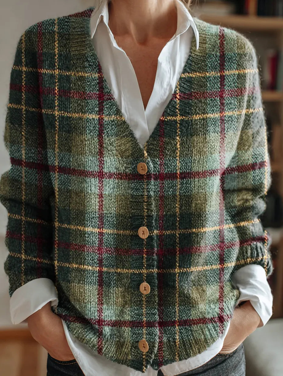 Women's Retro Plaid Art Print V-Neck Button-Up Knit Cardigan