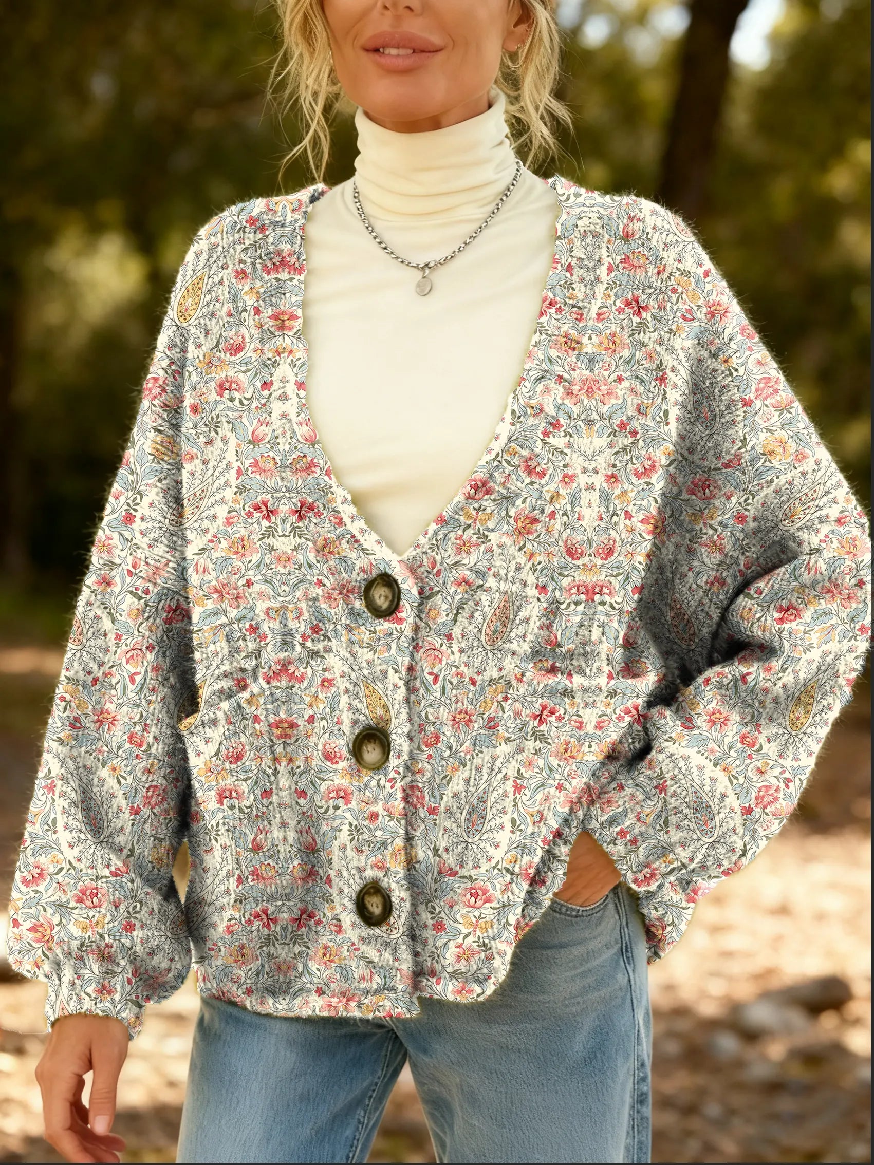 Women's Vintage Floral Pattern Art Print Cardigan With Pockets