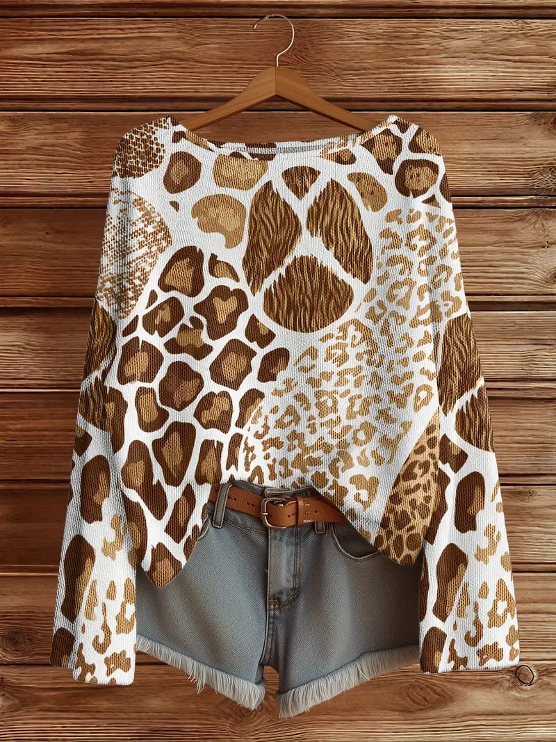 Leopard Floral Knit Sweater – Vintage Casual Autumn/Winter Style