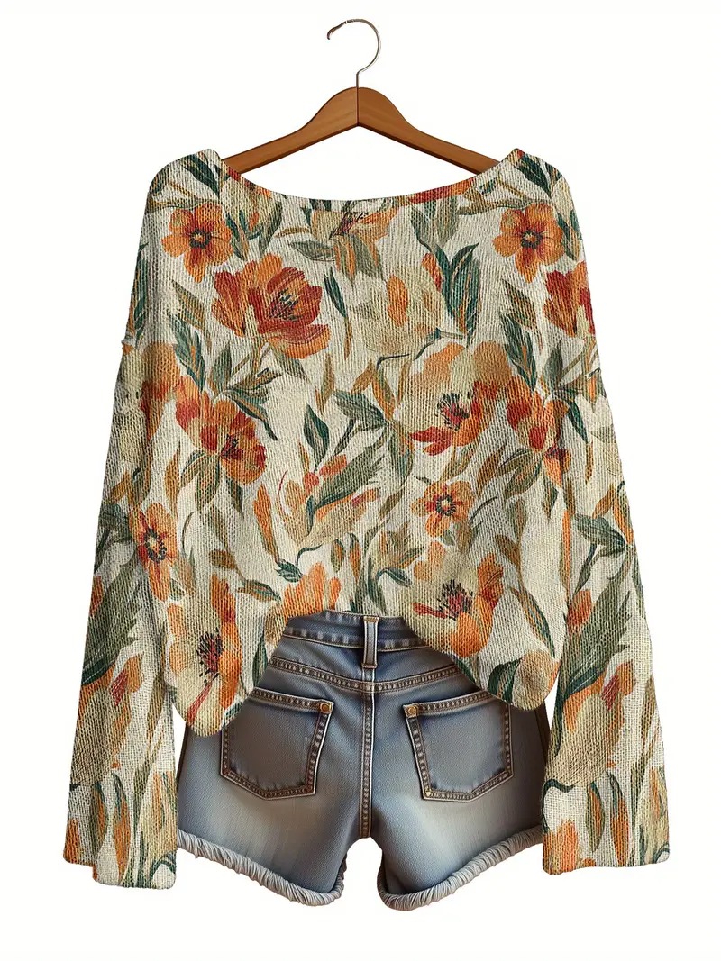 Leopard Floral Knit Sweater – Vintage Casual Autumn/Winter Style